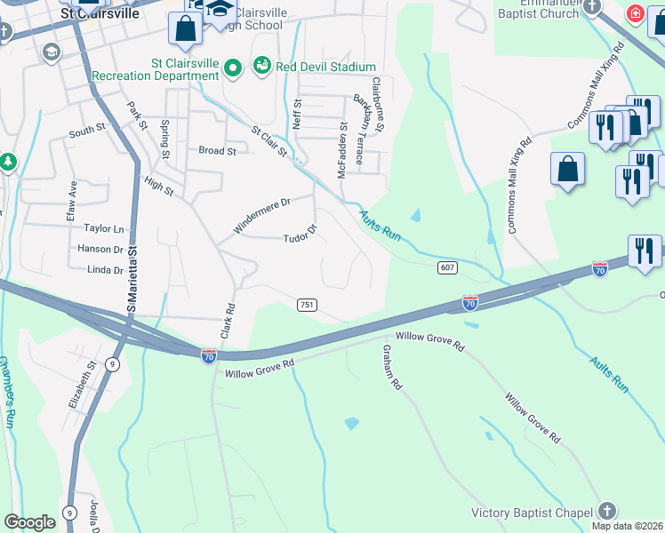 map of restaurants, bars, coffee shops, grocery stores, and more near 114 Beckett Court in St. Clairsville