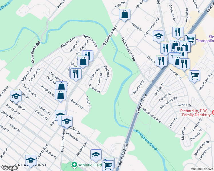map of restaurants, bars, coffee shops, grocery stores, and more near 8537 Benton Avenue in Philadelphia