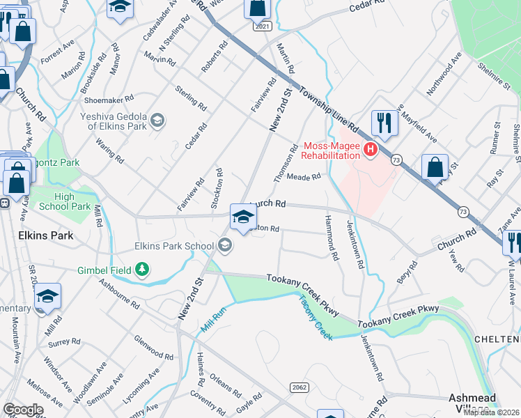 map of restaurants, bars, coffee shops, grocery stores, and more near 150 Church Road in Elkins Park