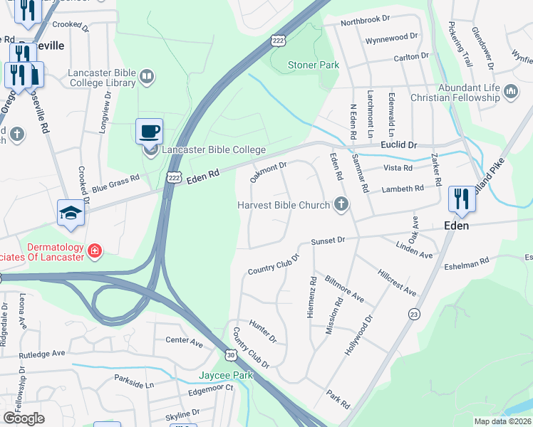 map of restaurants, bars, coffee shops, grocery stores, and more near 221 Wren Way in Lancaster