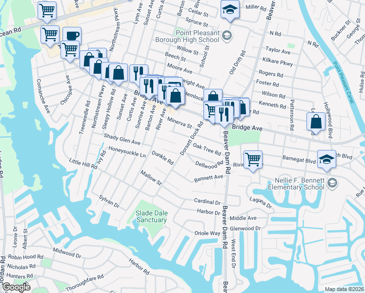 map of restaurants, bars, coffee shops, grocery stores, and more near 1415 Dorsett Dock Road in Point Pleasant