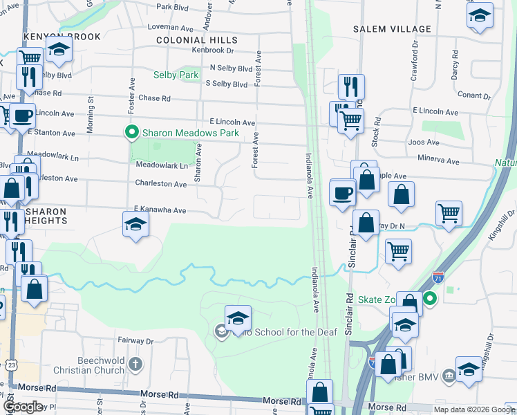 map of restaurants, bars, coffee shops, grocery stores, and more near 5208 Hitesman Way in Columbus