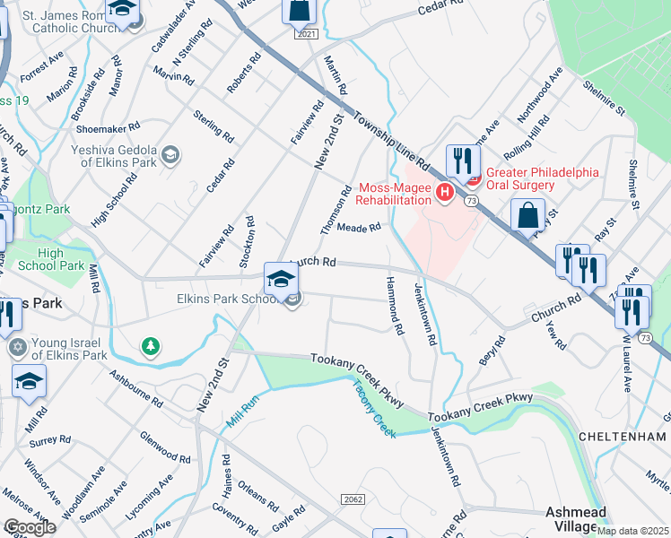 map of restaurants, bars, coffee shops, grocery stores, and more near 136 Church Road in Elkins Park