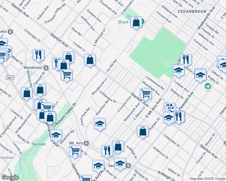 map of restaurants, bars, coffee shops, grocery stores, and more near 511 Roumfort Road in Philadelphia
