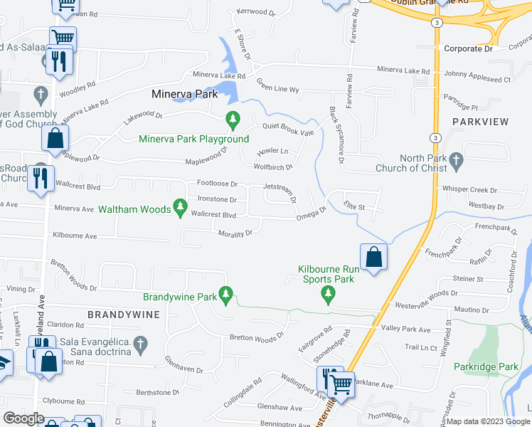 map of restaurants, bars, coffee shops, grocery stores, and more near 3108 Omega Drive in Columbus