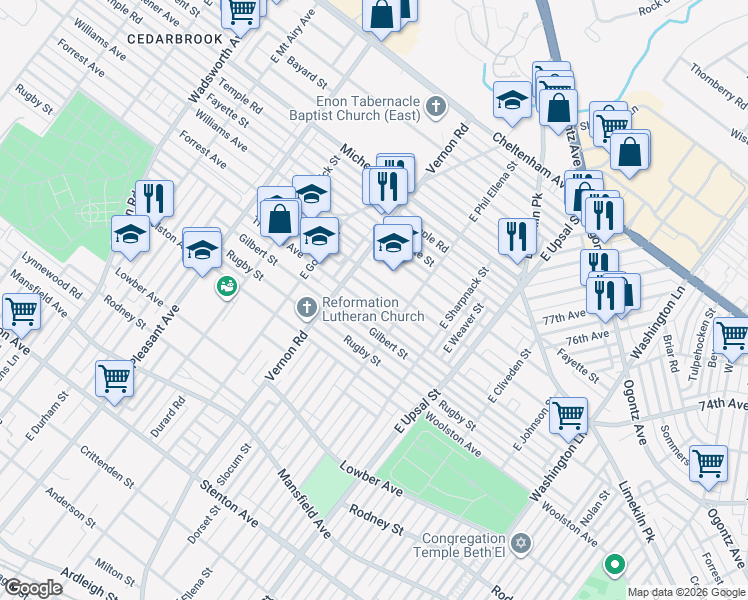 map of restaurants, bars, coffee shops, grocery stores, and more near 7943 Thouron Avenue in Philadelphia