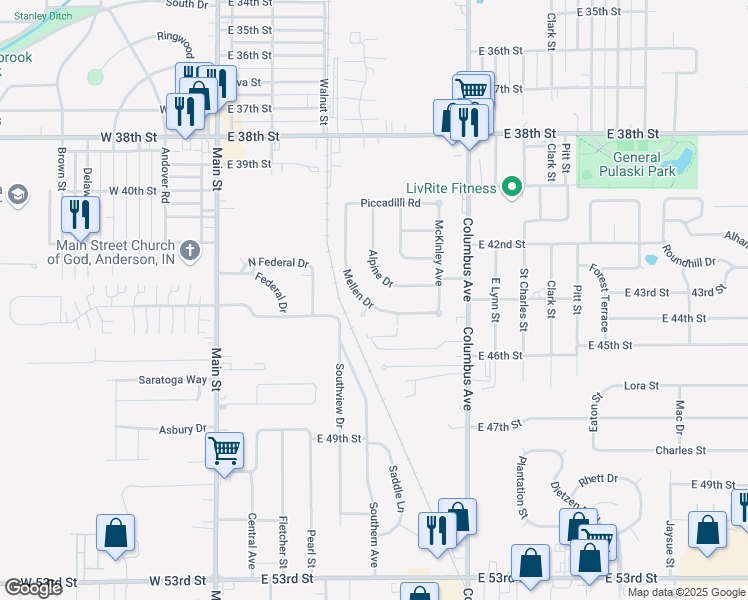 map of restaurants, bars, coffee shops, grocery stores, and more near 4242 Mellen Dr in Anderson