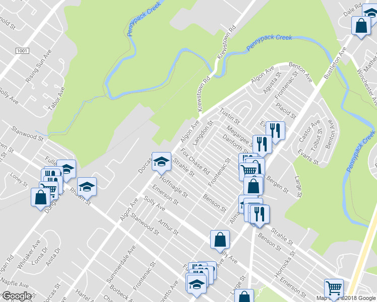 map of restaurants, bars, coffee shops, grocery stores, and more near 1615 Fox Chase Road in Philadelphia