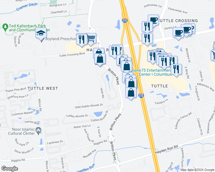 map of restaurants, bars, coffee shops, grocery stores, and more near 4648 Tuttle's View Drive in Dublin