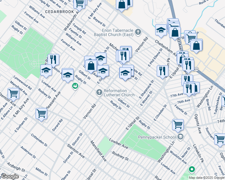 map of restaurants, bars, coffee shops, grocery stores, and more near 7956 Thouron Avenue in Philadelphia