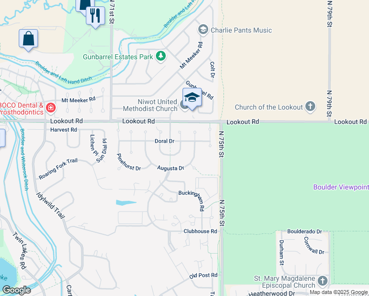 map of restaurants, bars, coffee shops, grocery stores, and more near 7348 Island Green Drive in Boulder
