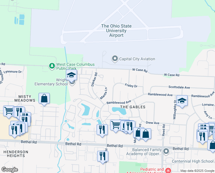 map of restaurants, bars, coffee shops, grocery stores, and more near 5624 Marita Lane in Columbus