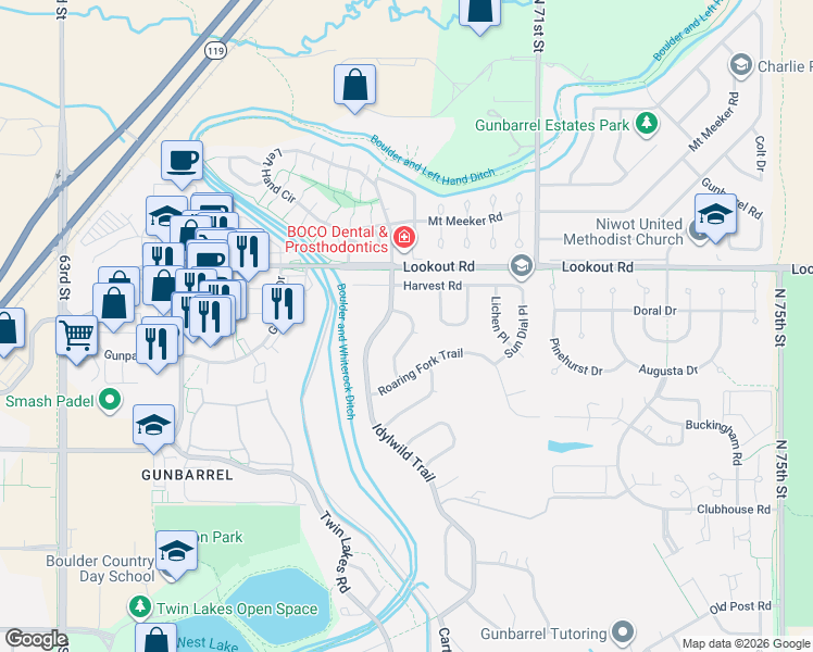 map of restaurants, bars, coffee shops, grocery stores, and more near 5291 Spotted Horse Trail in Boulder
