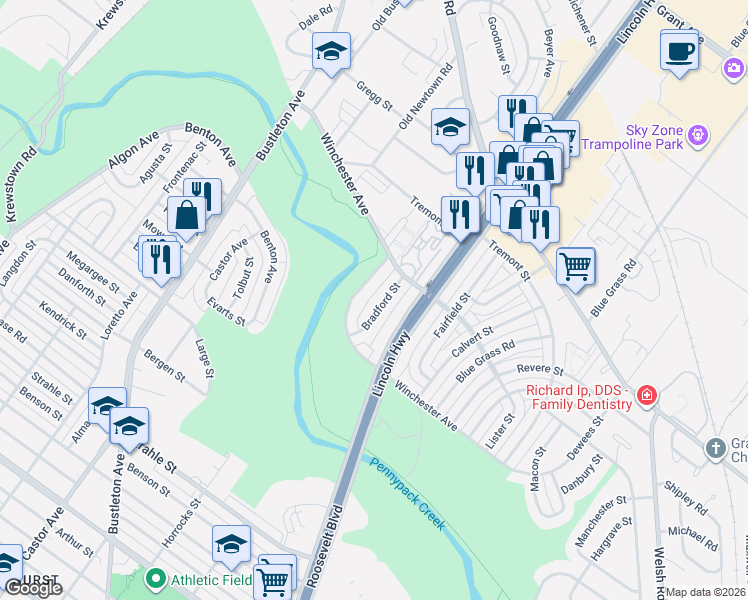 map of restaurants, bars, coffee shops, grocery stores, and more near 8830 Bradford Street in Philadelphia