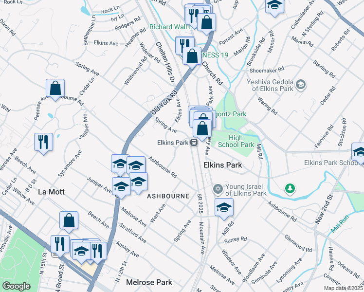 map of restaurants, bars, coffee shops, grocery stores, and more near 7825 Park Avenue in Elkins Park