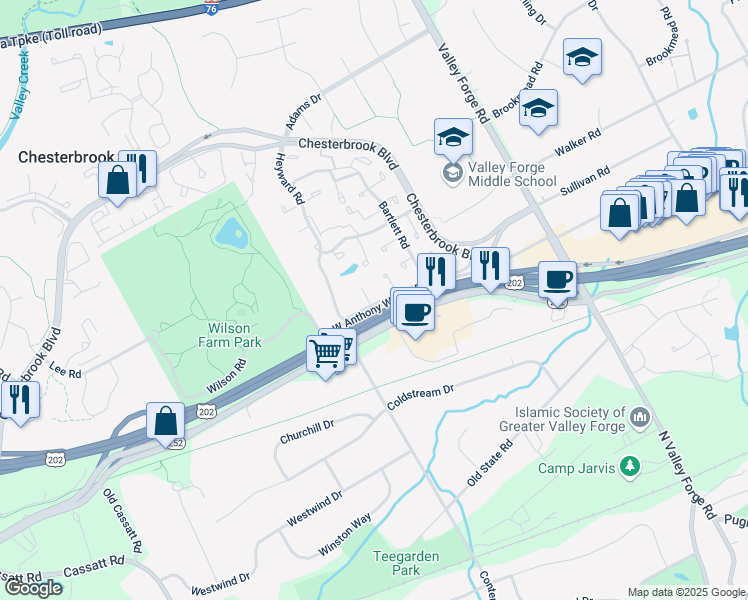 map of restaurants, bars, coffee shops, grocery stores, and more near 15 Le Forge Court in Chesterbrook