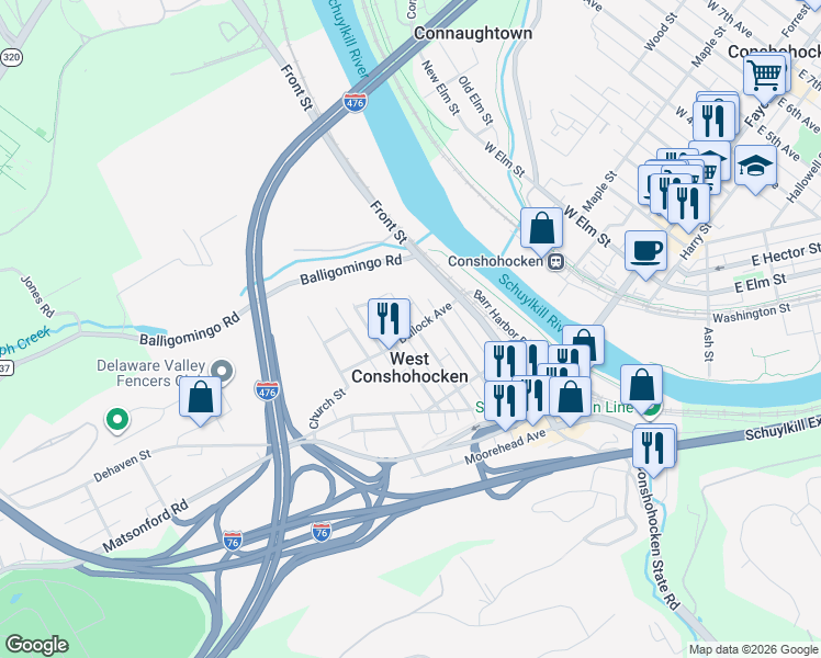 map of restaurants, bars, coffee shops, grocery stores, and more near 300 Bullock Avenue in Conshohocken