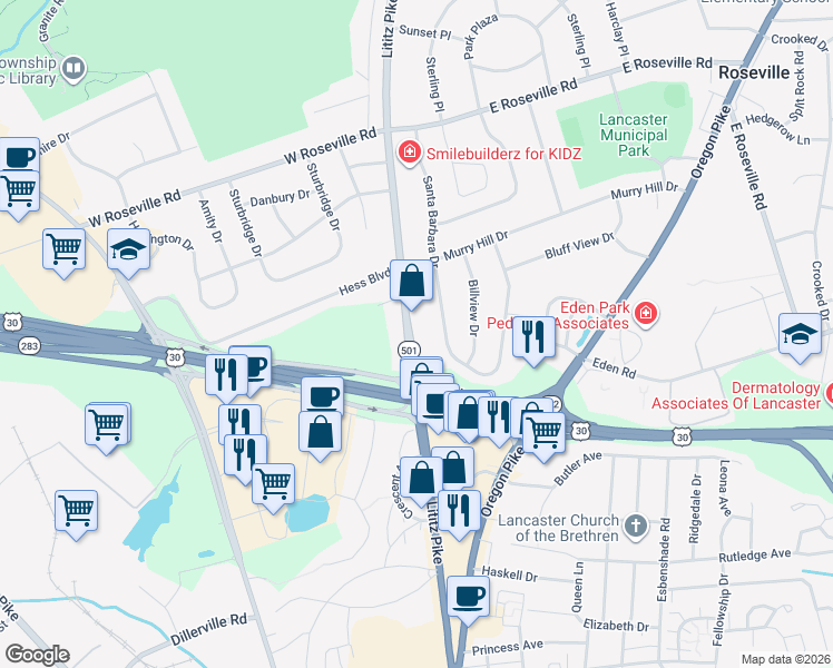 map of restaurants, bars, coffee shops, grocery stores, and more near 1717 Lititz Pike in Lancaster