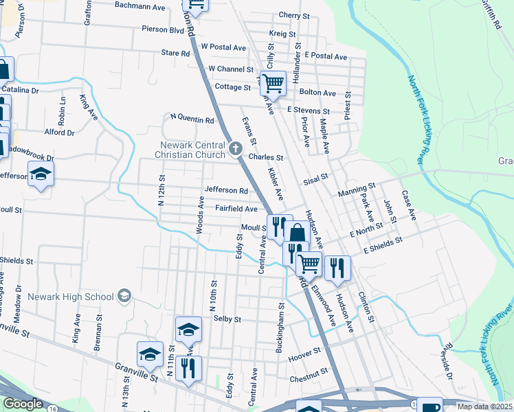 map of restaurants, bars, coffee shops, grocery stores, and more near 505 Ohio 13 in Newark