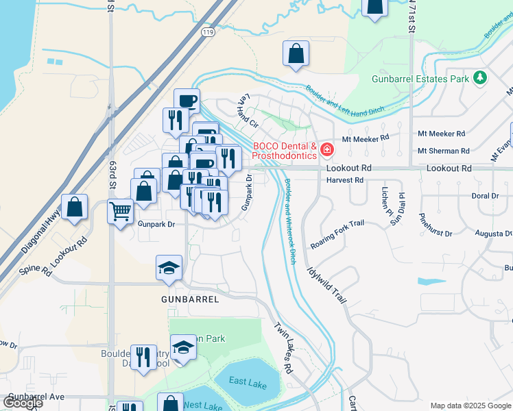 map of restaurants, bars, coffee shops, grocery stores, and more near 6672 Gunpark Drive in Boulder