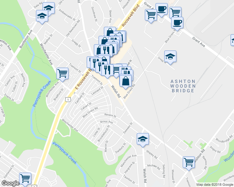 map of restaurants, bars, coffee shops, grocery stores, and more near 2642 Welsh Road in Philadelphia