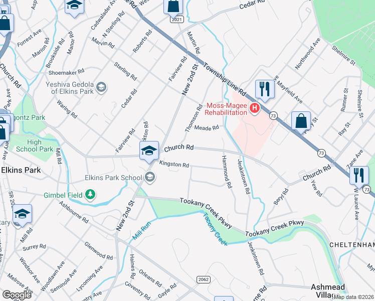 map of restaurants, bars, coffee shops, grocery stores, and more near 140 Church Road in Elkins Park