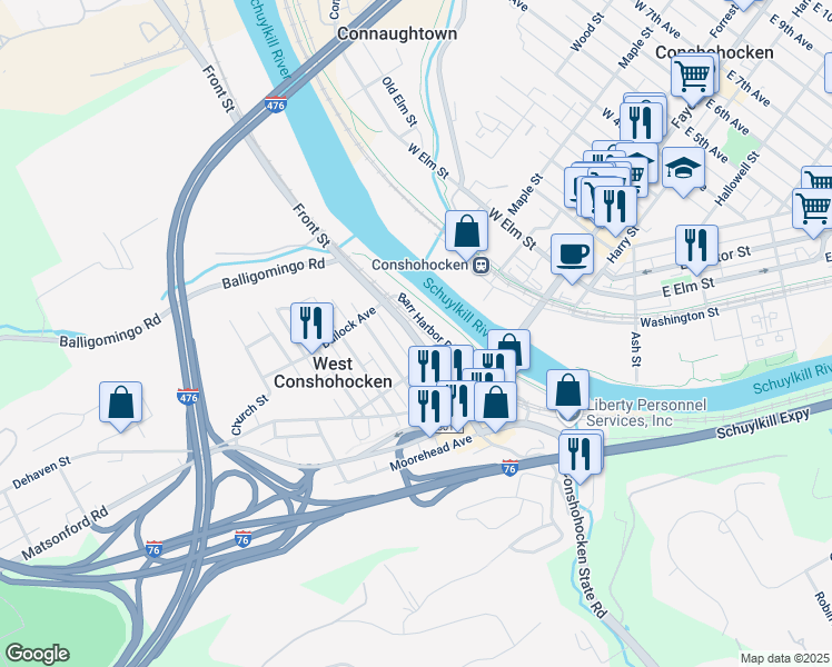 map of restaurants, bars, coffee shops, grocery stores, and more near 128 Front Street in Conshohocken