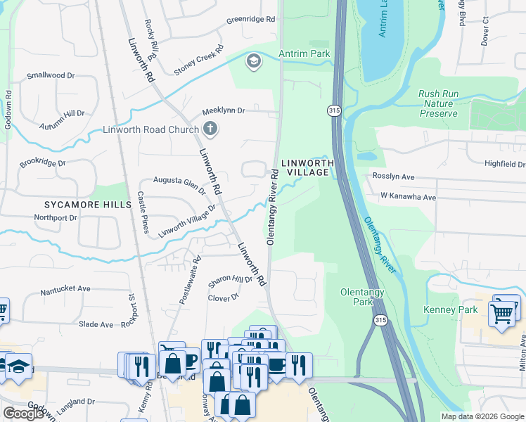 map of restaurants, bars, coffee shops, grocery stores, and more near 5435 Olentangy River Road in Columbus