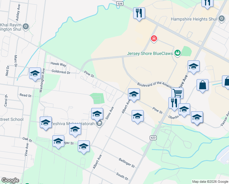 map of restaurants, bars, coffee shops, grocery stores, and more near 34a Eagle Lane in Lakewood
