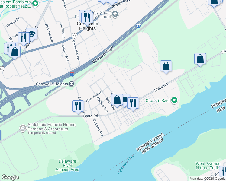 map of restaurants, bars, coffee shops, grocery stores, and more near 507 Wicker Avenue in Bensalem