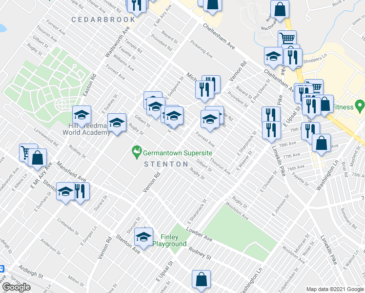 map of restaurants, bars, coffee shops, grocery stores, and more near 8001 Gilbert Street in Philadelphia
