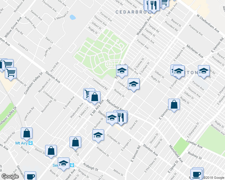 map of restaurants, bars, coffee shops, grocery stores, and more near 8300 Lynnewood Road in Philadelphia