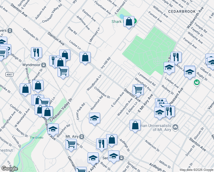map of restaurants, bars, coffee shops, grocery stores, and more near 511 Roumfort Road in Philadelphia