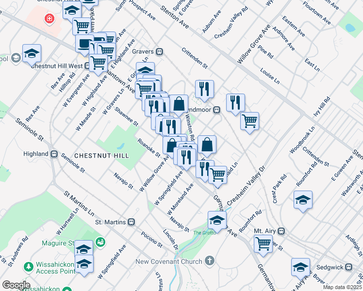 map of restaurants, bars, coffee shops, grocery stores, and more near 33 Benezet Street in Philadelphia