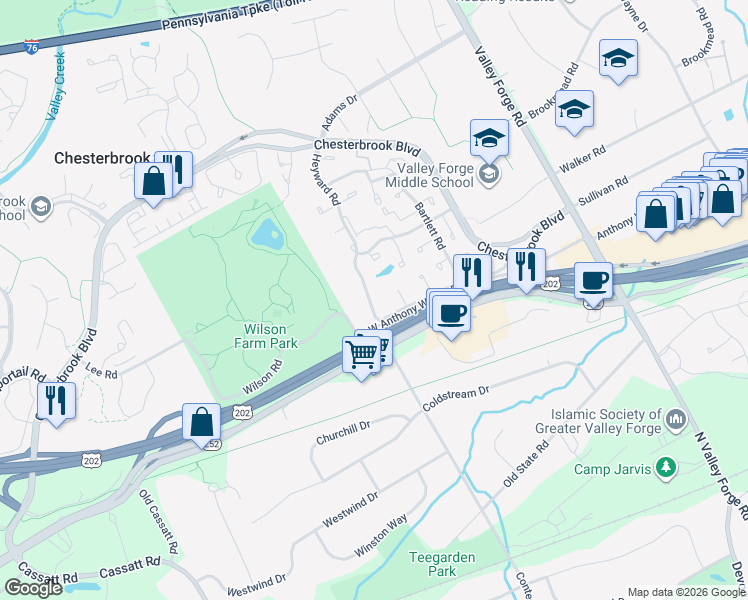 map of restaurants, bars, coffee shops, grocery stores, and more near 82 Le Forge Court in Chesterbrook