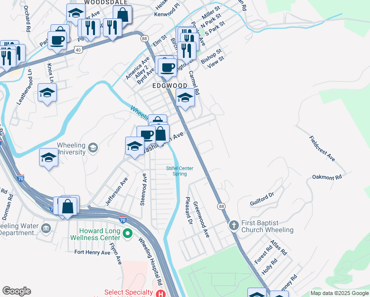 map of restaurants, bars, coffee shops, grocery stores, and more near 1276 National Road in Wheeling