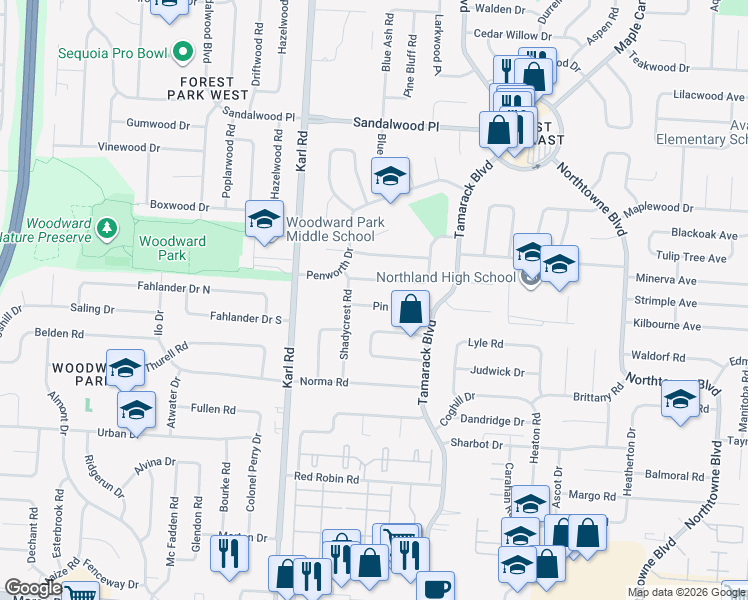 map of restaurants, bars, coffee shops, grocery stores, and more near 1714 Pin Oak Drive in Columbus