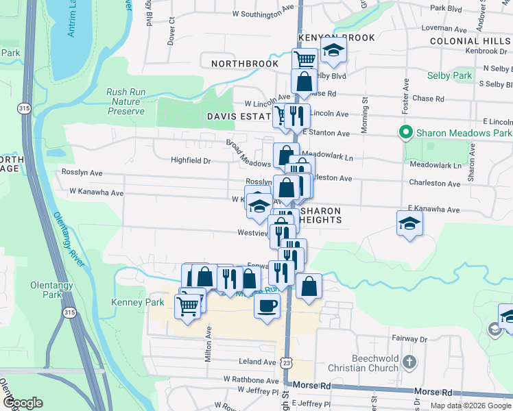 map of restaurants, bars, coffee shops, grocery stores, and more near 107 West Kanawha Avenue in Columbus