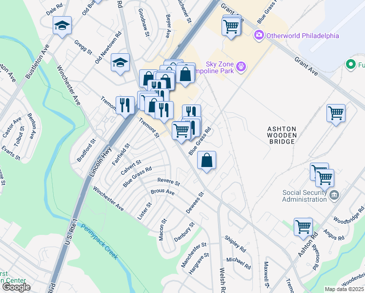 map of restaurants, bars, coffee shops, grocery stores, and more near 2425 Welsh Road in Philadelphia