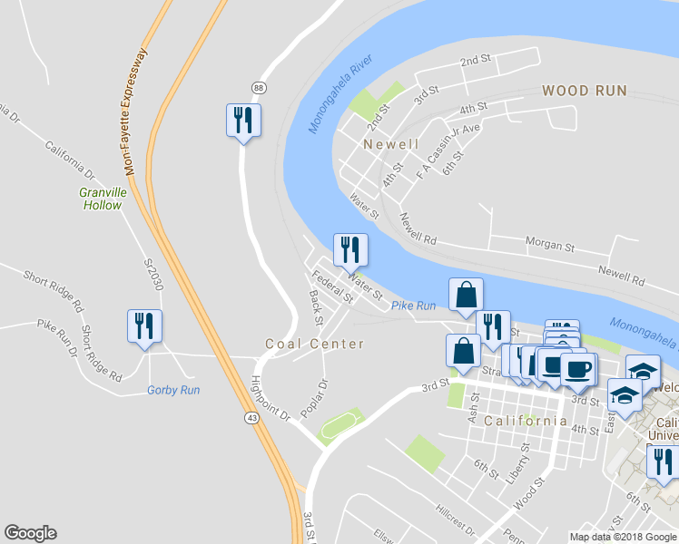 map of restaurants, bars, coffee shops, grocery stores, and more near 137 Water Street in Coal Center