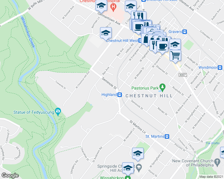 map of restaurants, bars, coffee shops, grocery stores, and more near 8500 Seminole Street in Philadelphia