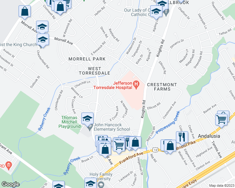 map of restaurants, bars, coffee shops, grocery stores, and more near 3599 Nottingham Lane in Philadelphia