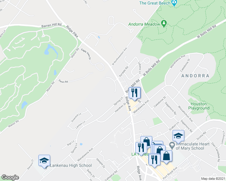 map of restaurants, bars, coffee shops, grocery stores, and more near 9010 Ayrdale Rd in Philadelphia