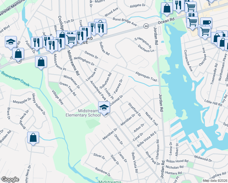 map of restaurants, bars, coffee shops, grocery stores, and more near 108 Fairway Drive in Brick Township