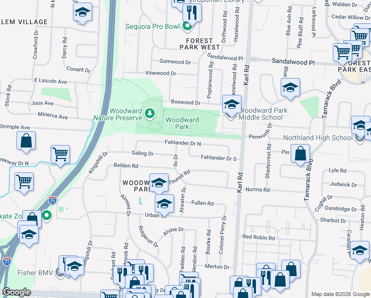 map of restaurants, bars, coffee shops, grocery stores, and more near 1381 Fahlander Dr S in Columbus