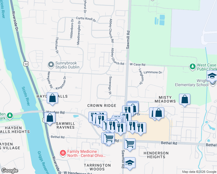 map of restaurants, bars, coffee shops, grocery stores, and more near 2927 Dynasty Drive in Columbus