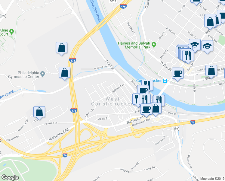 map of restaurants, bars, coffee shops, grocery stores, and more near 300 Bullock Avenue in Conshohocken