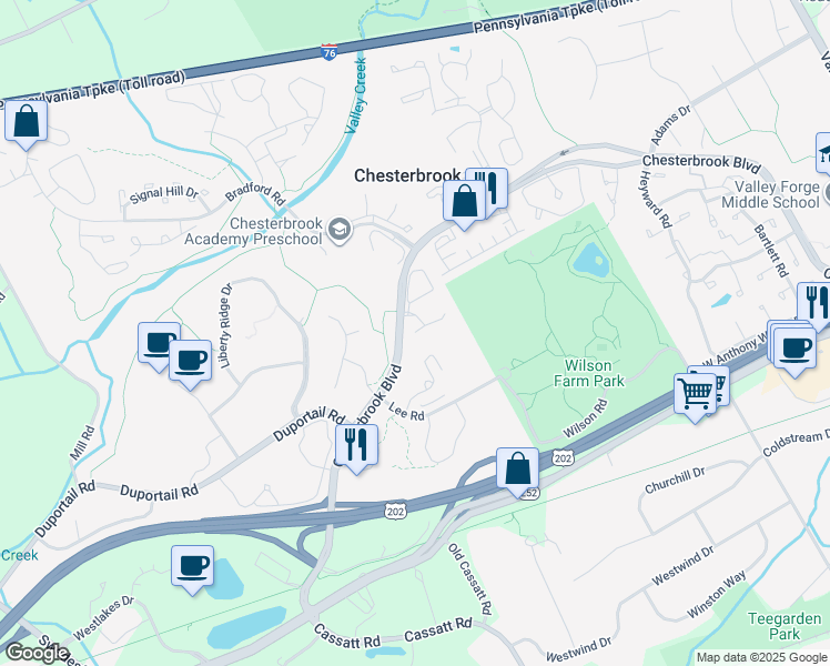 map of restaurants, bars, coffee shops, grocery stores, and more near 48 Flintlock Ln in Chesterbrook