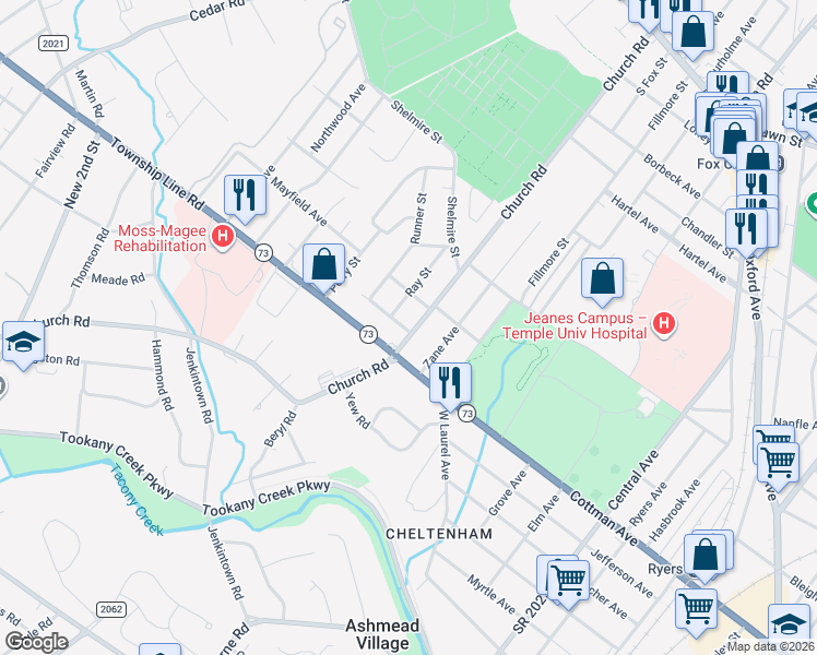 map of restaurants, bars, coffee shops, grocery stores, and more near 127 Church Road in Jenkintown