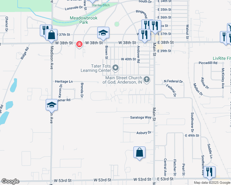 map of restaurants, bars, coffee shops, grocery stores, and more near 213 Saint James Court in Anderson